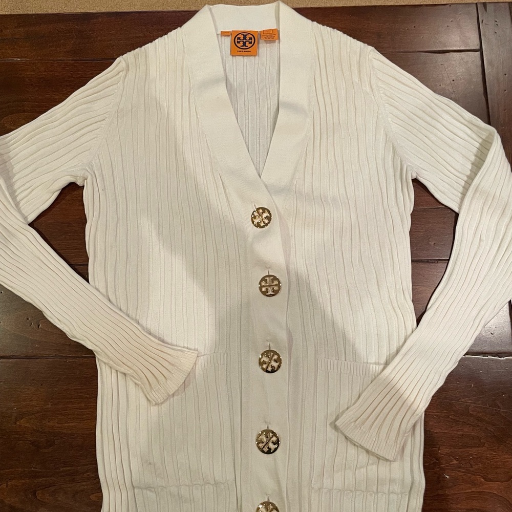 Tory Burch white cardigan cotton sweater- size Large NWOT